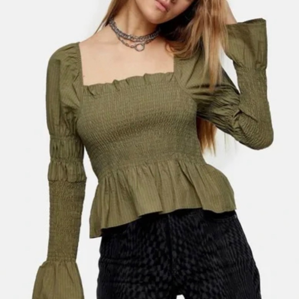 Topshop Shirred Satin Blouse Green